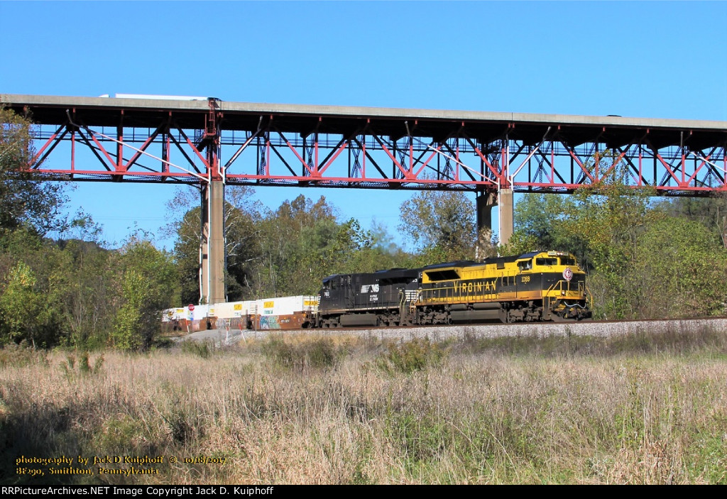 NS, Norfolk Southern, 1069 Virginian heritage unit- and 7653, with eastbound CSX Q138, BF290 CSX Pittsburgh sub at, Smithton, Pennsylvania. October 18, 2017. 